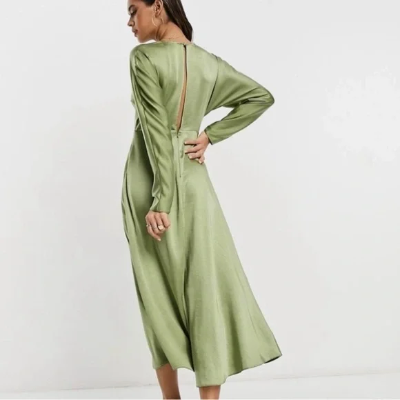 ASOS Olive Green Midi Dress with V-Neck - Picture 3 of 5